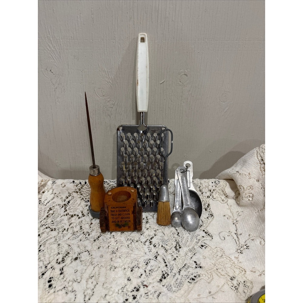 Vintage Kitchen Tool Lot Grater Measuring Spoons Fuller Brush Ice Pick Decor